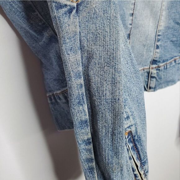 Guess L Jean Jacket Vintage Stretch Denim Light Blue Acid Wash Zip Up - Picture 10 of 16